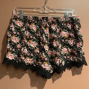 Floral Shorts with Black Lace Trim